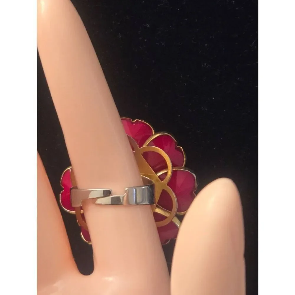 Women's Vintage Red Bead Flower W/ Gold Tone Adjustable Ring